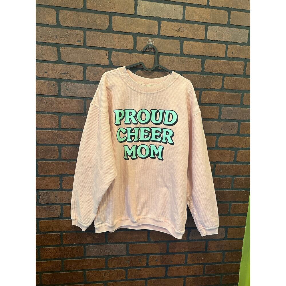 Proud Cheer Mom Sweatshirt Pullover Oversized Medium Pink Chicka-D Corded Crew